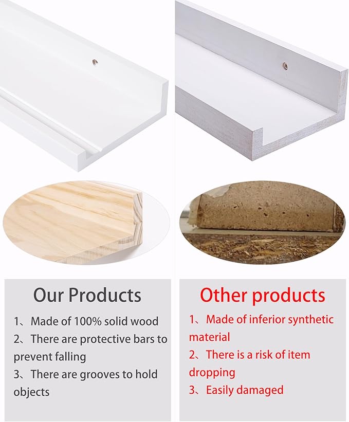 White Floating Shelves for Wall, Wooden Wall Mount Bathroom Shelves with Lip for Bedroom, 48 Inch Farmhouse Picture Ledge Shelf, Hanging Photo Shelves for Living Room Kitchen(White, 2 Pack, 48 Inch)