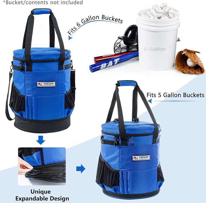 VIGERARI Baseball Bucket Bag- Coach Bag-Expandable Softball Bucket Organizer with Padded Seat