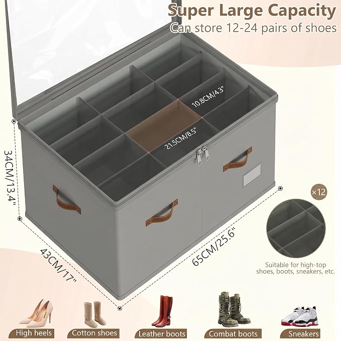 Shoe Organizer for Closet, 2 Pack Shoe Storage Bins Foldable Shoe Storage Box Containers with Clear Cover and Sturdy Handles, Shoe Rack for Closet Storage for Sneakers Heels Slippers, Fit 12-24 Pairs
