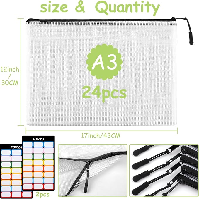 YOPCDJ 24pcs Mesh Zipper Pouches, A3 Size 17 x 12 inches Waterproof Black Zipper Bags, Water-Resistant Plastic Zipper Pouch for School Office Supplies, Puzzles & Games Organizing Storage