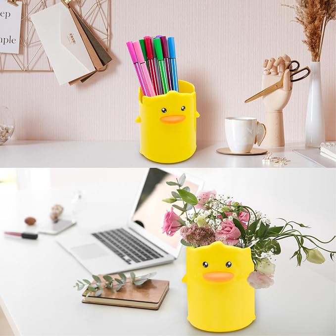 2 Pcs Pencil Holder for Kids, Cute Cartoon Little Yellow Duck Pen Holder, Multifunctional Phone Holder Makeup Brush Holder Stationery Storage Cup
