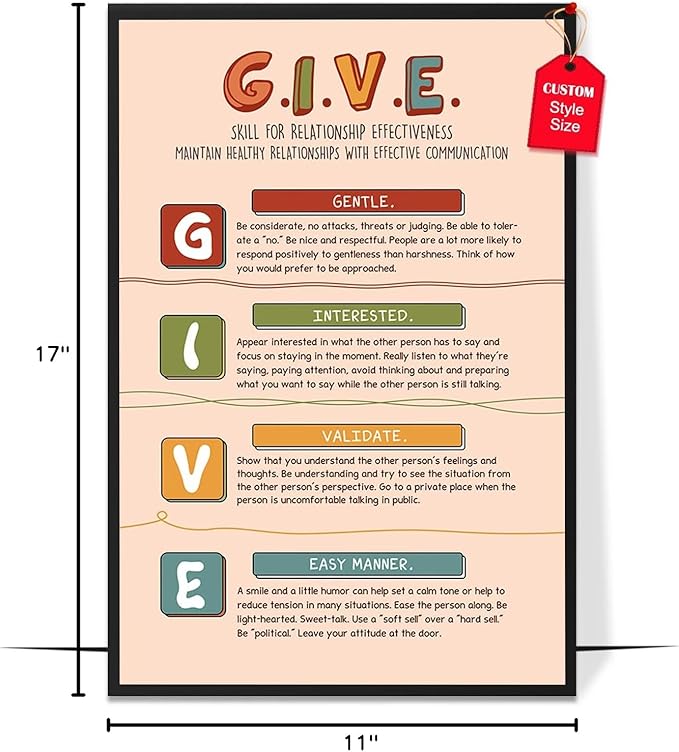 LOLUIS Mental Health Poster, Boho Therapy Tools Educational Supplies Art Print Classroom School Office Decor (Give Skill for Relationships Effectiveness, Custom Frame Type)