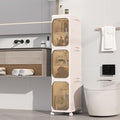 3 Tier Slim Bathroom Storage Cabinet, Foldable and Movable, Beige | Tools Free, ABS and PET, Magnetic Clear Door, Adjustable Shelves, Lockable Wheels, Water Resistant, For Narrow Space