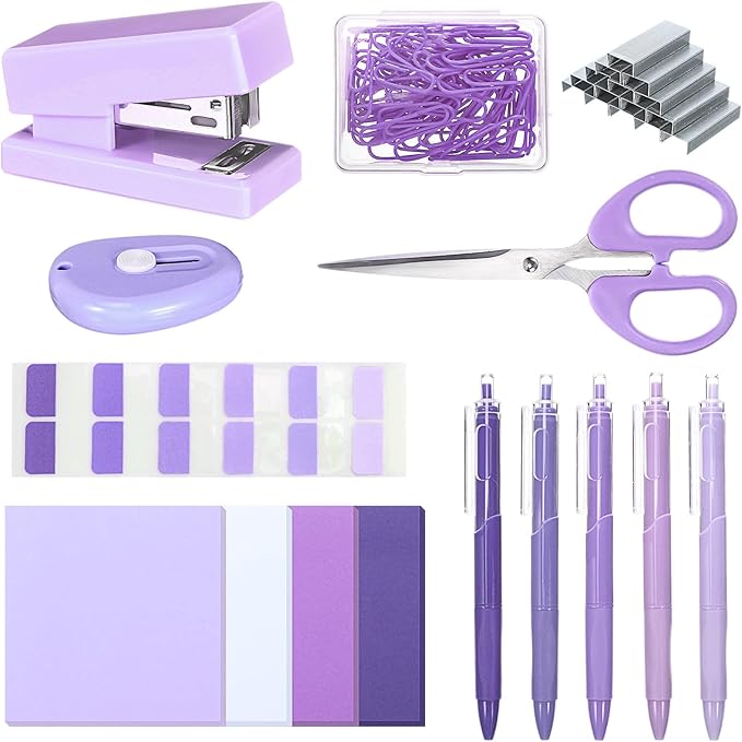 Mini Purple Office Supplies Kit Purple School Supplies Christmas Gift Desk Accessories with Gel Pens Sticky Notes Stapler Scissor Paper Clips Index Tabs Box Cutter for Christmas Gifts Office