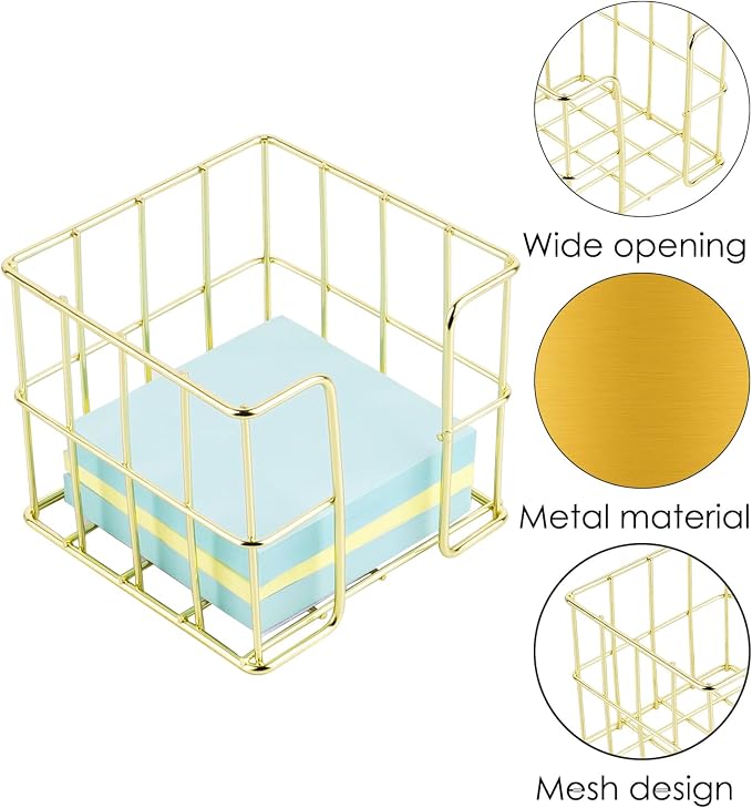 Gold Sticky Note Holder for Desk, 3x3 Metal Wire Memo Pad Dispenser, Cute Square Post Note Cube Organizer, Office Desk Accessories for Women (3.74 Inch)