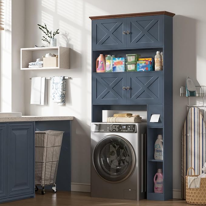 Halitaa Over The Toilet Storage Cabinet with Doors & Paper Holder, Blue | Halitaa Farmhouse Toilet Shelf Home Space Saver with 4 Barn Doors & Toilet Paper Holder Stand for Restroom, Bathroom, Laundry