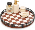 Brown Checkered Lazy Susan Organizer, 10 Inch Rotating Countertop Tray with Black Metal Rail, Wood Turntable for Kitchen Counter, Coffee Bar, Bathroom Vanity, Perfume and Spices