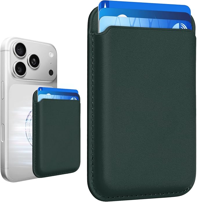 Magnetic Wallet Phone Card Holder for Phone Case with Mag-Safe, Stronger Magnetic RFID Leather Phone Wallet Stick on Series of iPhone 17/16/15/14/13/12 and Pro/Promax, Deep Green