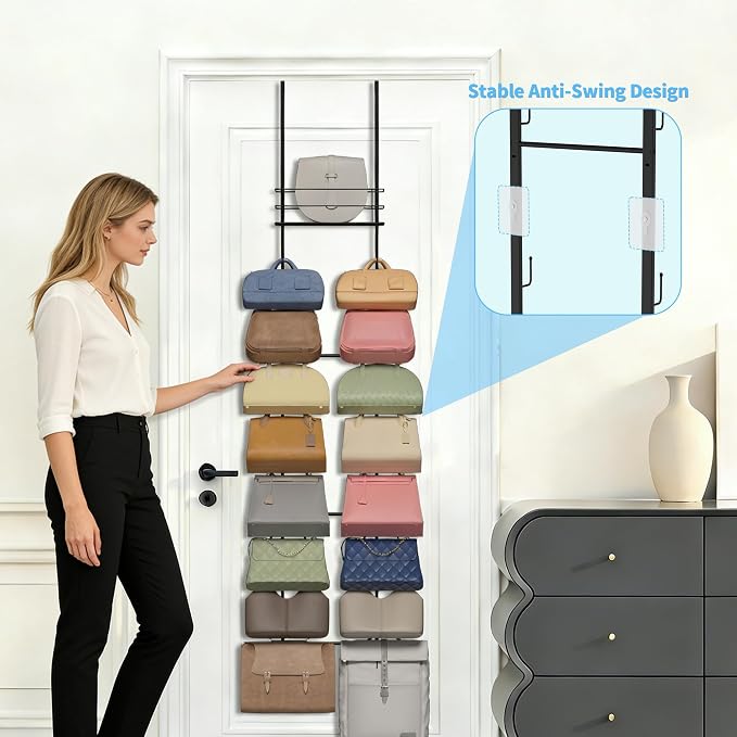 Over The Door Purse Organizer, Handbag Organizer Wall Mounted Purse Rack with 16 Hooks & Metal Basket, Hanging Handbag organizer Holds 16 Bags, 2 in 1 Dual Use for Door & Closet