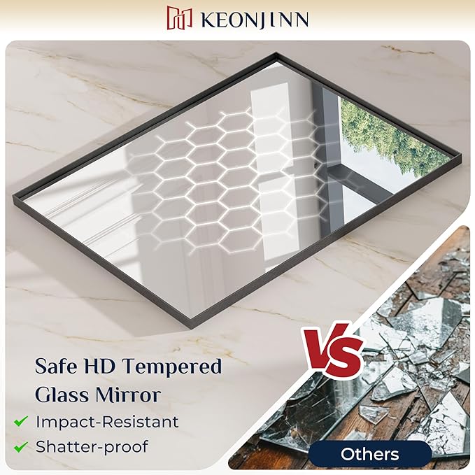 Keonjinn Black Bathroom Mirror for Over Sink 16 x 24 Inch, Small Rectangle Vanity Mirror Metal Framed, Brushed Black Wall Mount Modern Farmhouse Bathroom Mirrors(Horizontal/Vertical)