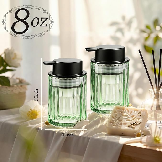 Foam Soap Dispenser, 8oz Green Glass Refillable with Black Pump, 1 Pack | Glass Foaming Soap Dispenser for Liquid Soap or Lotion, Vertical Ribbed Decor for Bathroom Vanity, Kitchen, Commercial Use
