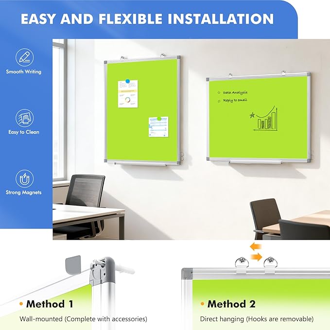 WALGLASS Magnetic Whiteboard 36"x24" Dry Erase White Board for Walls with Pen Tray, Aluminium Frame and Dry-Wipe Writing Surface for Drawing, Home, and Office (Green)