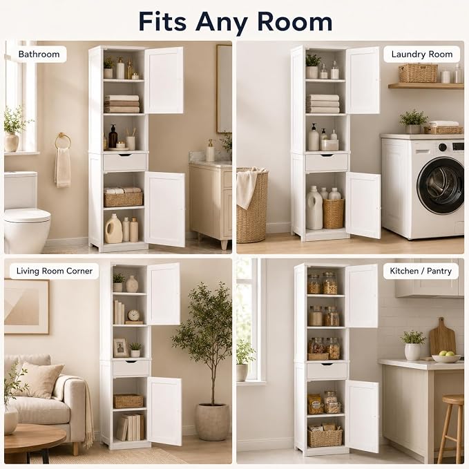 Walsunny Tall Bathroom Storage Cabinet with Freestanding Adjustable Shelves, Narrow Storage Linen Cabinet with 2 Doors and 1 Drawer for Bathroom, Living Room, Kitchen(White)