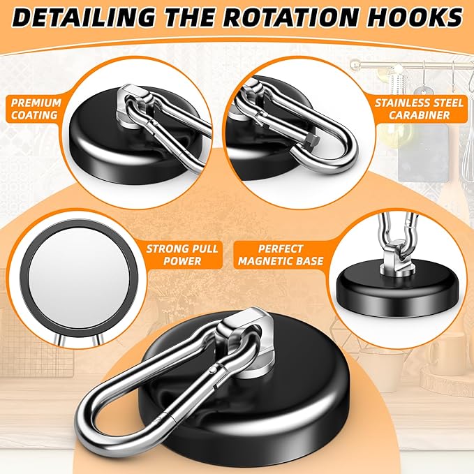 FINDMAG Magnetic Hooks 170LBS Heavy Duty with Carabiner Hook, Strong Magnetic Hooks for Hanging at Home, Office Locker, Workplace, Refrigerator, Cruise Ship or Travel (Black, 4)