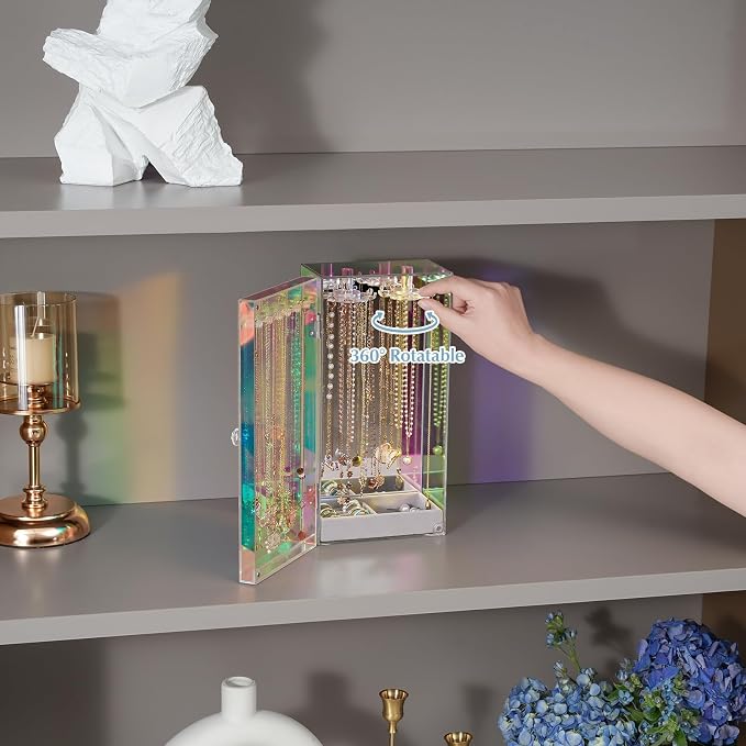 Lolalet Necklace Holder Organizer, Acrylic Jewelry Organizer with 24 Hooks, Rotating Clear Necklaces Display Box with Built-in Mirror, Dust-proof Jewelry Storage Case with Velvet Tray -Lasermirror