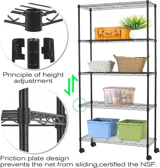 HCY 5-Tier Shelving Unit Storage Shelves with Wheels Heavy Duty Metal Rack NSF Height Adjustable for Laundry Bathroom Kitchen Garage Pantry Organization -60inx30inx14in(Black)