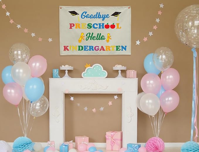 Goodbye Preschool Hello Kindergarten Banner, Beige Cotton Canvas Classroom Wall Hanging Sign, Last Day of School Decor for Preschool Pre-K Teacher Door Photo Backdrop, Teacher Gift 28.5x20 Inch