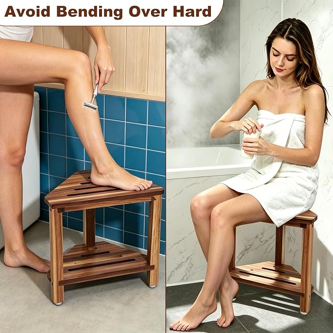 IBosins Corner Shower Stool with Storage Shelf Shower Foot Rest for Shaving Legs Small Bench for Inside Shower to Sit on Bath Seat - Acacia Wood