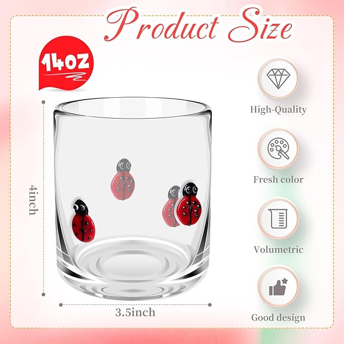 14 Ounce Icon Juice Glasses, Aesthetic Cocktail & Old Fashioned Drinking Glasses, Iconic Clear Glass Cups for Women, Sister, Friend & Party Gifts (Ladybug)