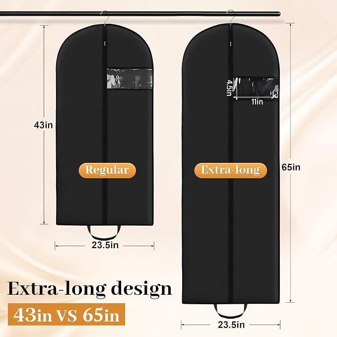 Lzerking 6-Pack Garment Bags for Dresses & Gowns 65” x 23” Suit Bag for Closet Storage, Black Hanging Clothes Cover with Handles for Travel, Waterproof, Dust-Proof