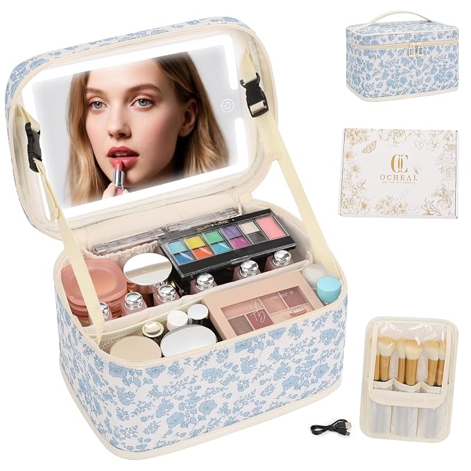 OCHEAL Makeup Bag With LED Mirror, Travel Makeup Bag With 3 Color Setting Light Up Mirror Cosmetic Organizer Vanity Case for Women Beauty Tools Accessories Rechargeable Makeup Travel Bag-Black