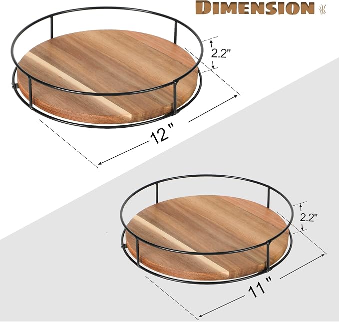 [ 2 Pack ] 11" & 12" Acacia Wood Lazy Susan Organizers with Steel Sides