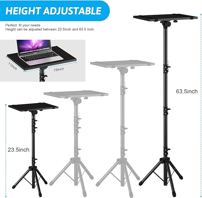 Projector Stand Tripod Adjustable, Laptop Height from 23.5 to 63.5 inches with Gooseneck Phone Holder, Floor for Office, Home, Stage, Studio, DJ Racks Holder Mount | Laptop Stand Height from 23.5 to 63.5 inches with Phone Holder for Office, Home, Stage...