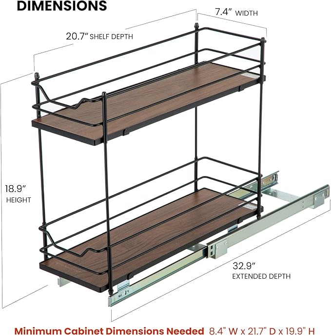 Home Zone Living Pull Out Kitchen Cabinet Organizer with 2 Tiers of Storage for Easy Access, 7.5”W x 20”D, Matte Black with Dark Brown, Virtuoso Collection