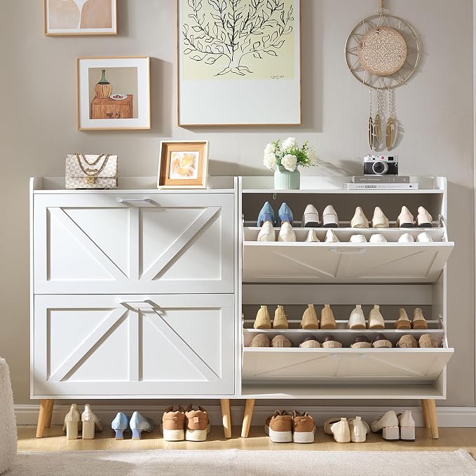 LEYAOYAO Shoe Cabinet Storage for Entryway with 2 Flip Drawers Rack Narrow Organizer Slim Hidden Wood Shoe Cabinet Furniture White