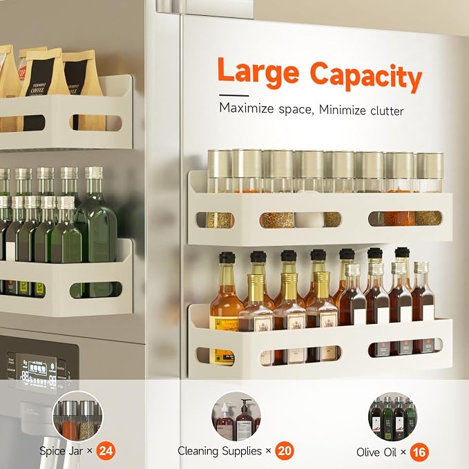 Sevenblue 2-Pack Magnetic Spice Rack for Refrigerator with Hooks, White | Strong multipurpose magnetic shelf for kitchen & bathroom organization. Includes 4 removable hooks for hanging items.