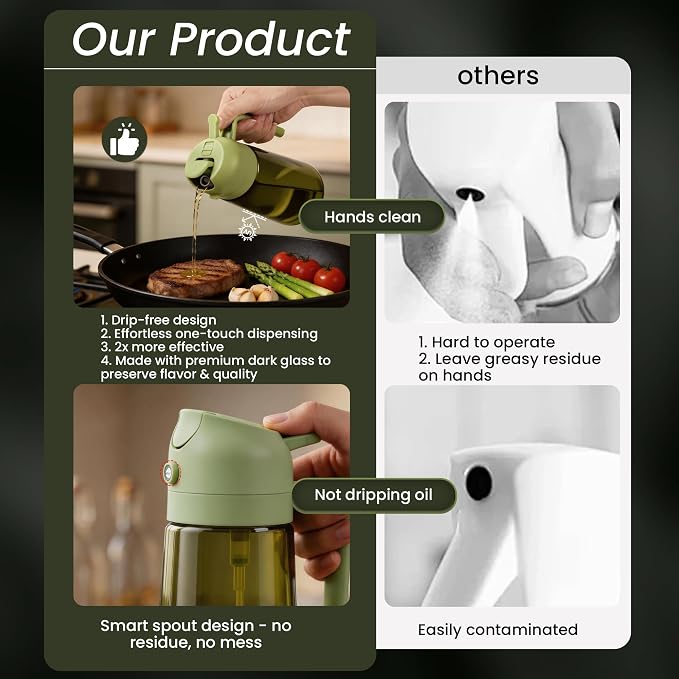 Oil Dispenser Glass Bottle, 16oz/470ml, 2 in 1 Oil Sprayer and Pourer, Light-Blocking Dark Glass, for Cooking, Air Fryer, Salad, BBQ (Black)