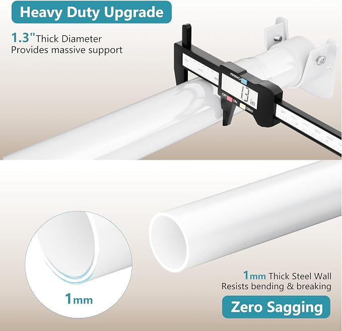 STARLATTA Heavy Duty White Closet Rod: 17-69 Inch Stepless Adjustable Clothes Hanging Bar, 1.3" Diameter Metal Wardrobe Pole with Brackets, No-Cut, for Laundry & RV