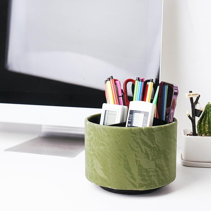 Round Leather Art Supply Organizer,Remote Control Holder,360 Degree Spinning,Multi-Functional Pencil Holder,4 Compartments Desktop Stationary Organizer(1-Hill Green)