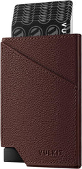 VULKIT Pop up Card Wallet Genuine Leather RFID Blocking Slim Aluminum Metal Bank Card Holder Case with Business Money Pocket for Credit Cards Notes and Coins Espresso