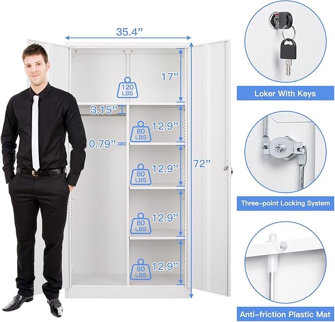 Yizosh Metal Armoire Wardrobe Closet Cabinet for Hanging Clothes with Lock Doors, -72" Steel Lockable Wardrobe Storage Locker Clothes Organizer for Bedroom, Laundry Room (White)