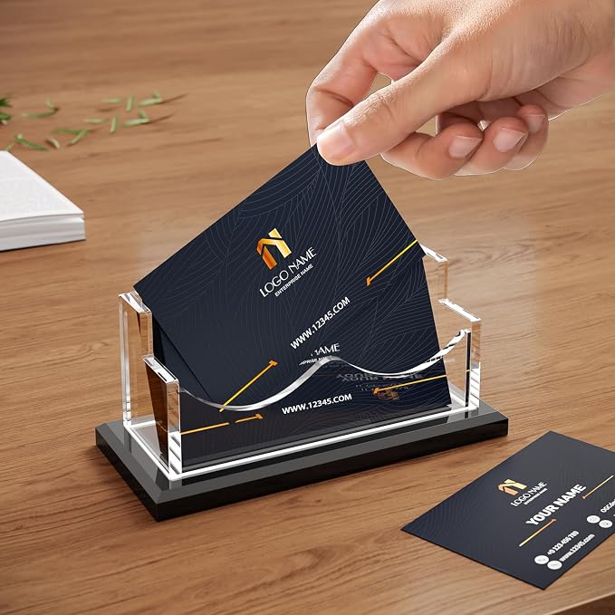 PARTSPOWER Acrylic Business Card Holder for Desk, Horizontal Clear Business Name Card Display, Black Acrylic Base, Desktop Accessory Business Name Card Organizers (1-Slot)