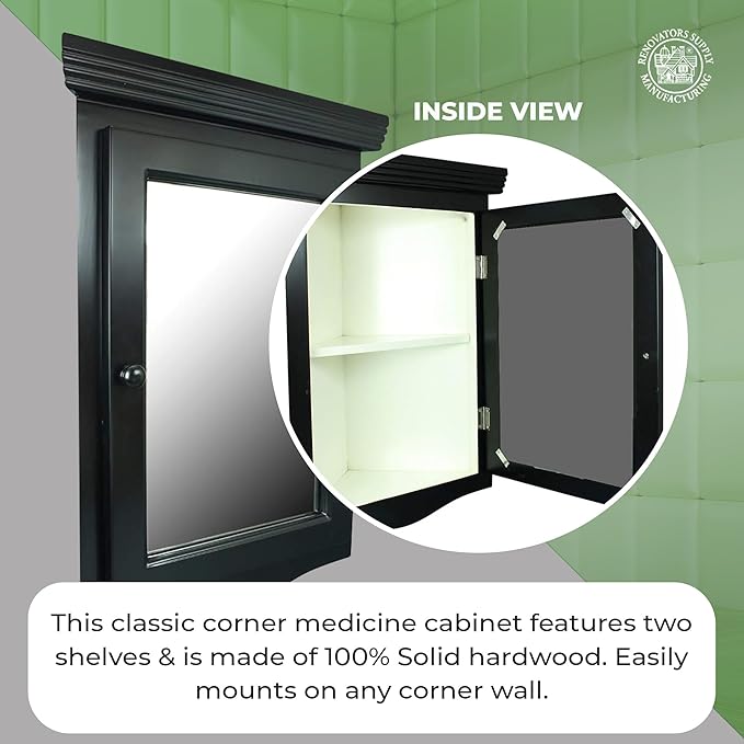 Renovators Supply Manufacturing Black Medicine Cabinets 27 1/8 in. X 20 1/8 in. Wooden Corner Bathroom Wall Medicine Cabinet with Recessed Mirror and Mounting Hardware