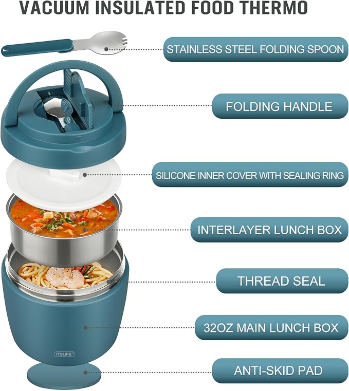 Itslife 32oz Insulated Soup Thermo, Vacuum Stainless Steel Food Jar for Hot & Cold Food, Leakproof Wide Mouth Lunch Container with Spoon (Teal)