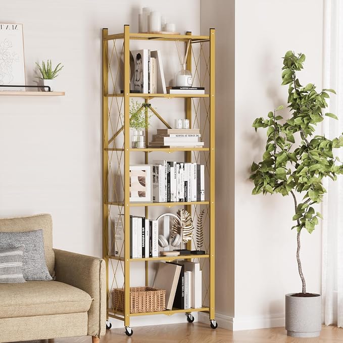 ALANNG 73.6 Inch Folding Bookshelf, 6 Tier Metal Bookcase and Bookshelves | Tall Shelves for Living Room Office Bedroom, Heavy Duty Book Shelve Free Standing Open (Gold, 1PACK)