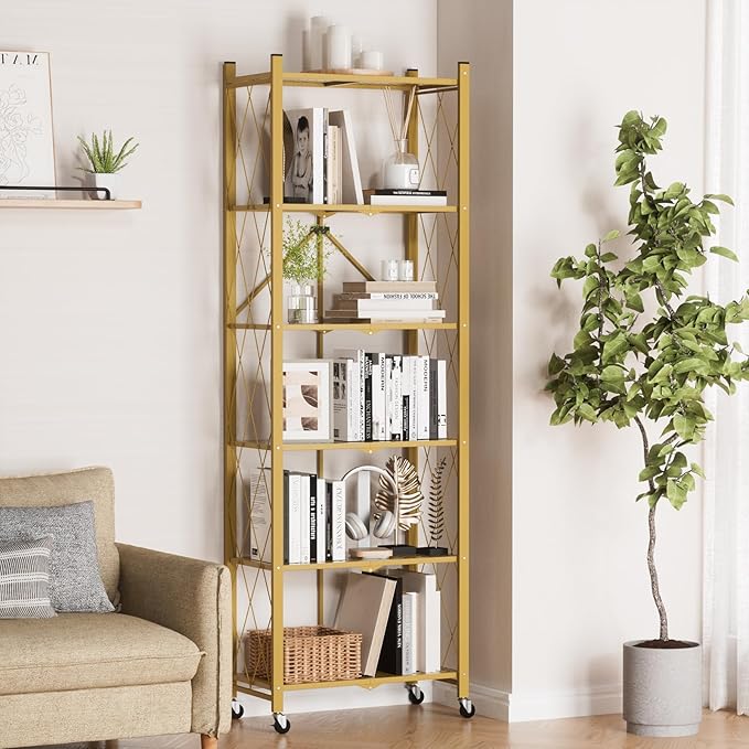 ALANNG 73.6 Inch Folding Bookshelf, 6 Tier Metal Bookcase and Bookshelves | Tall Shelves for Living Room Office Bedroom, Heavy Duty Book Shelve Free Standing Open (Gold, 4PACK)