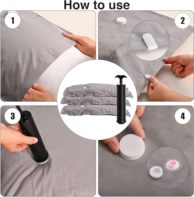 6-Pack Vacuum Seal Bags for Clothing Home – Fabric Storage Bags with Manual Pump | 2 Medium, 2 Large, 2 Jumbo | Reusable Packing Cubes for Travel, Carry-On Luggage & Home Organization(Gery-2M＆2L＆2J)