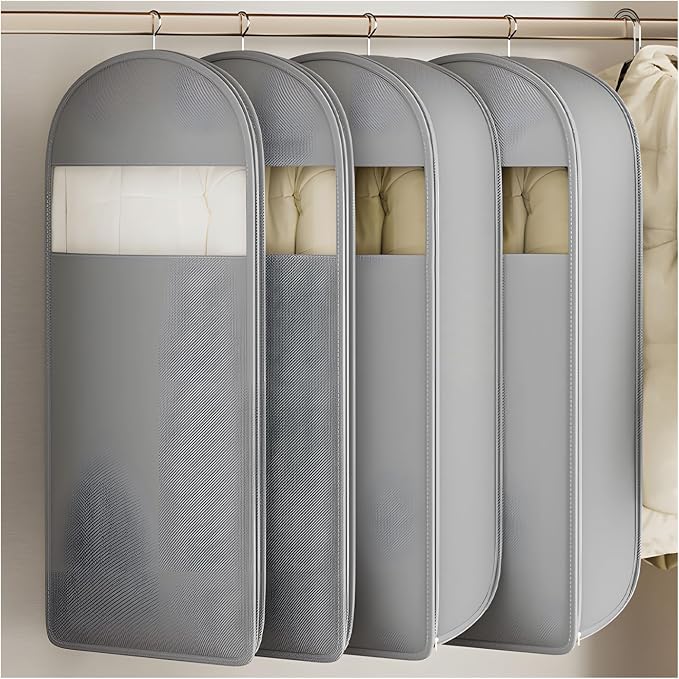 Hanging Garment Bag with Self Compression Zipper, Translucent Suit Bags Dust Cover Clothes Bags for down Coat, Jackets, Shirts and Sweater (Gray, Medium)