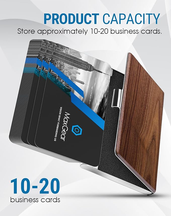 MaxGear Stainless Steel Business Card Holder, Slim Card Case, Walnut Wood | Soft Interior Lining, Buckle Closure, Fits Standard Business Cards and Credit Cards