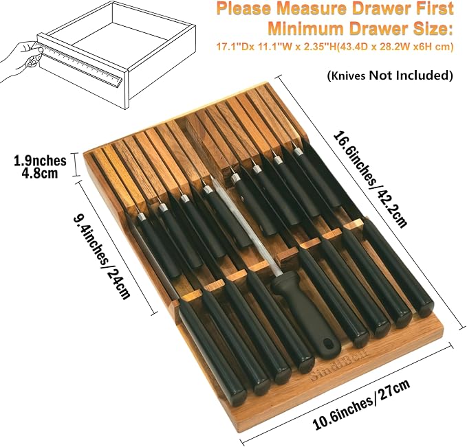 In Drawer Knife Block Acacia Wood, Knife Drawer Organizer Insert Large | 17-Slot Space Saving Drawer Knife Block, Secure Blade Tip Shield & Naturally Moisture-Free Timber (Knives Not Included)