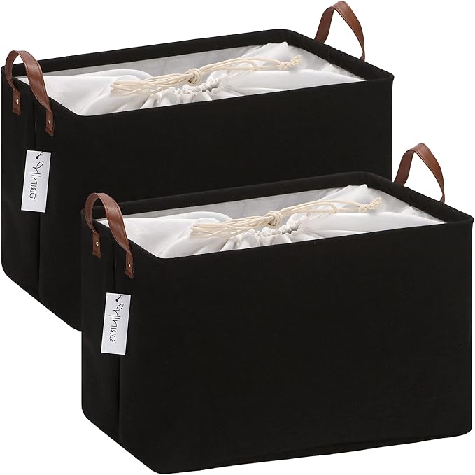 Hinwo 31L Large Storage Bins, 2-Pack Closet Organizers and Storage, Foldable Clothes Storage Baskets with Handles, Containers for Clothing, Blanket, Towels, Toys, Bedding (Black)