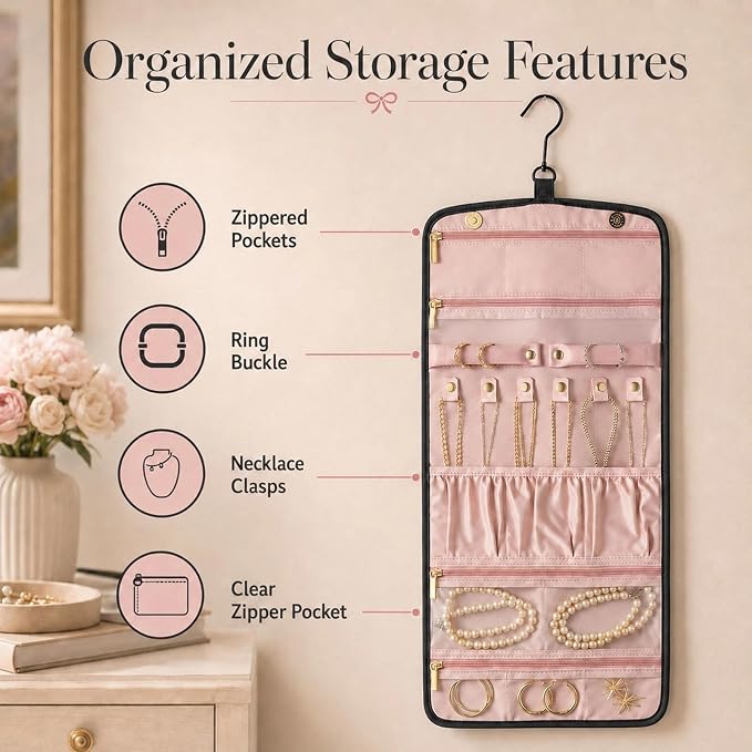 Double Sided Hanging Jewelry Organizer for Closet Door, Black,Travel Closet | hanging jewelry organizer keeps earrings, rings, necklaces, and bracelets visible in a closet or travel bag.