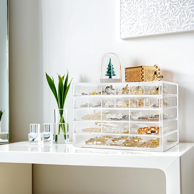 yarlung Acrylic Jewelry Storage Box Earring Holder with 5 Drawers, 61 Grids Jewelry Organizer Tray Clear Ring Display Case for Beads, Nail Tips, Women Girls Gift
