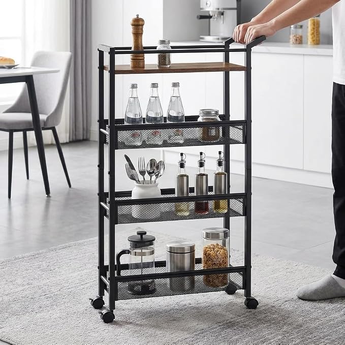 4 Tier Slim Rolling Storage Cart, 5.1 Inch Wide Narrow Storage Cart with Handle, Iron Wood Utility Slide Out Pantry Shelf Organizer for Laundry Room, Bathroom, Kitchen, Small Spaces, Black