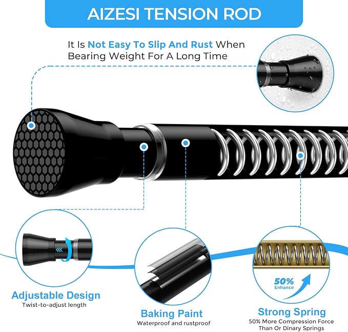 AIZESI Tension Curtain Rod 16 to 26 Inch No Drilling Adjustable 7/8” Diameter Black Short Curtain Rod, Small Curtain Rods for Window, Doorway, Closet, Kitchen