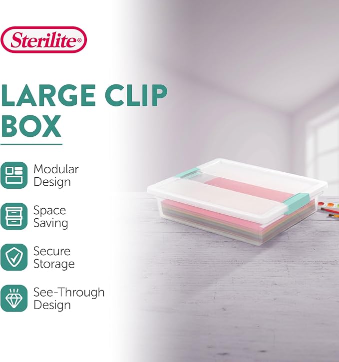 Sterilite 18-Pack Clip Box, Stackable Clear Plastic Bins with Latching Lids, Large - Writing, Arts or Crafts Supplies Storage Containers for Home, Office, Classroom and Workshop Organization